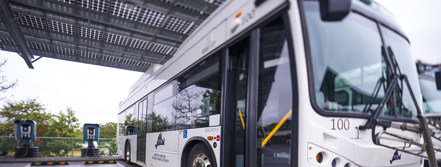 Martha's Vineyard Transit Authority electric bus under solar carport